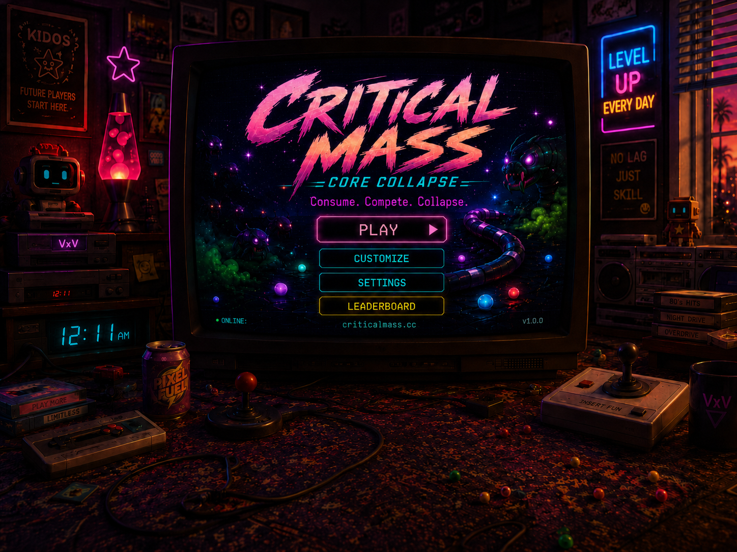 Critical Mass: Core Collapse — retro living room with the game on a CRT television